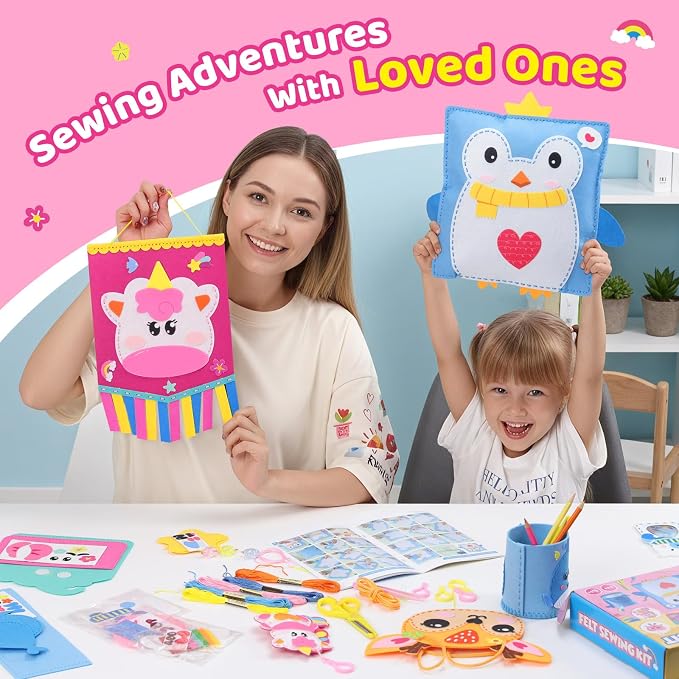 Felt Sewing Crafts for Kids Ages 4-12, 10 DIY Projects Kids Sewing Kit | Funtopia Learn to Sew with Tutorial for Plush Pillow Hanging Organizer Handbag, Beginner Sew Toys and Birthday Gift for Girls