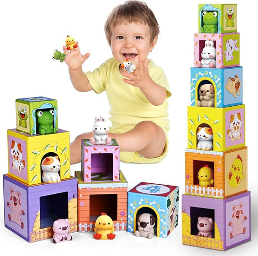 Toddler Farm Animal Sorting and Stacking Toys Gifts for 1-3 Year Olds | Toys for Age 12-18 Month, Number Nesting Boxes Stackable Toy With Finger Puppet, Montessori Toy Gifts for 1 2 3 Year Boy Girl