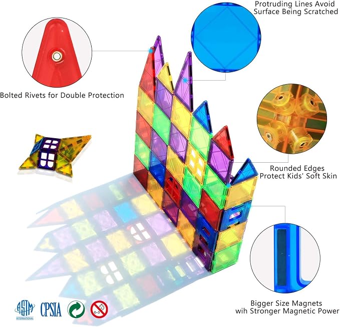 MAGBLOCK 100 Piece Magnetic Tiles,Building Blocks for Kids 3+ | Magnetic Blocks Preschool Building Sets Educational Toys for Kids Boys and Girls,shape & color recognition