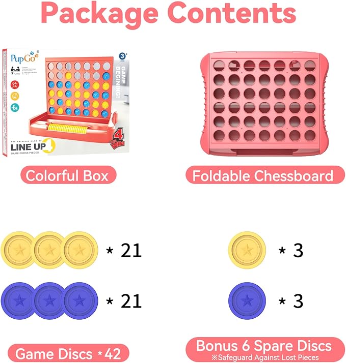 Pup Go 4 in a Row Game, Connect & Win Four in a Row Board Game, Portable 2-Player Strategy Games for Travel, Gift for Girl Age 3 4 5 6 7 8-12, Family Games Foldable Design with 6 Spare Discs Pink | Portable 2-Player Strategy Game for Road Trip, Gift fo...