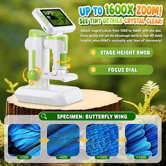 1600X Microscope for Kids, 4K 4.0" Digital Screen Kids Microscopes with Slides Kit, Handheld Microscope, Science Kits for Kids, STEM Toys for Christmas Birthday Gifts for 3-14 Girls Boys Child (Green)