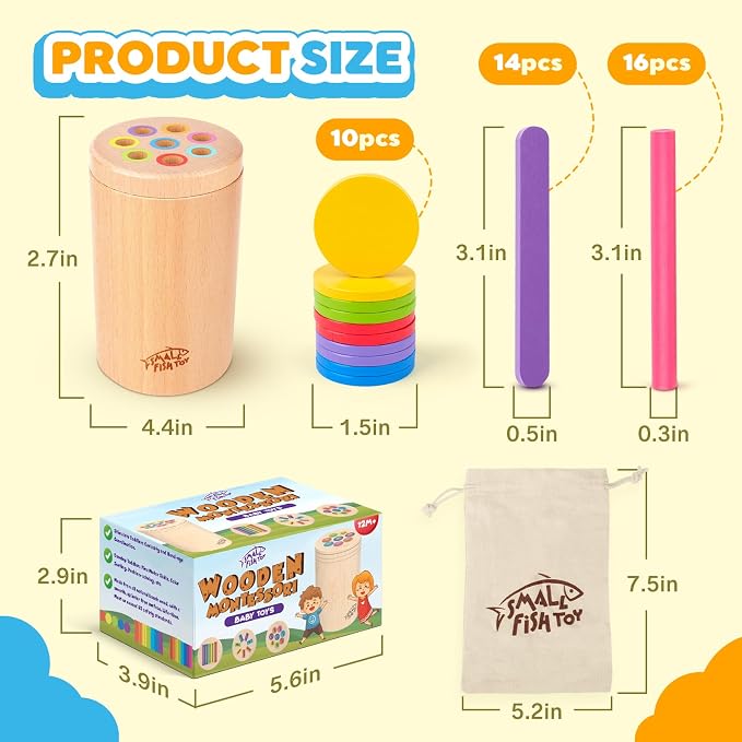 Wooden Montessori Baby Toddler Toys 3in 1 Learning Fine Motor Preschool Toy | Educational Color Sorting and Cause and Effect Sensory Activity for Toddlers 1-3, Birthday Gift for 12 Month Old Boys Girls