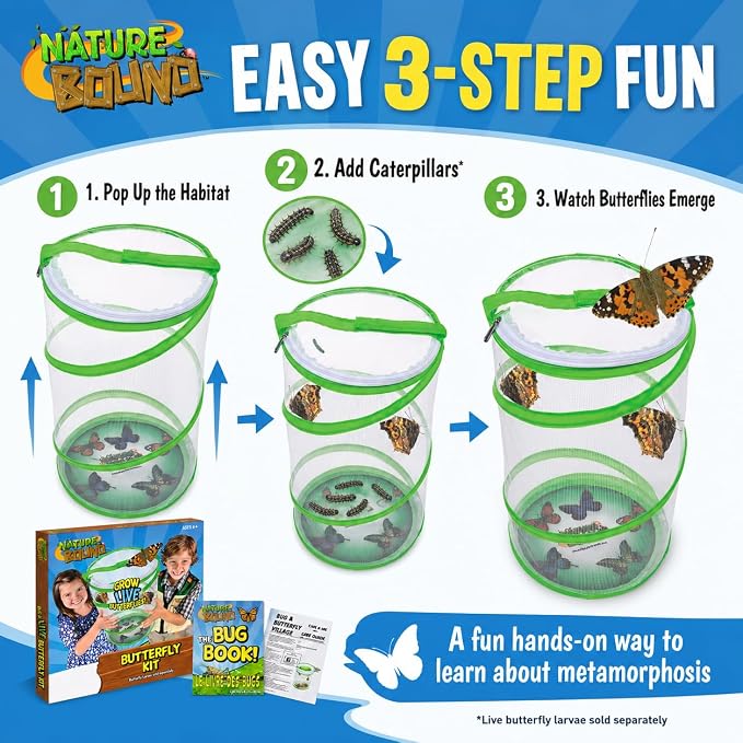 Nature Bound Butterfly Growing Kit - Live Caterpillar to Butterfly Project for Kids - Includes Voucher for Caterpillars, Green Pop-Up Enclosure, and STEM Learning Guide