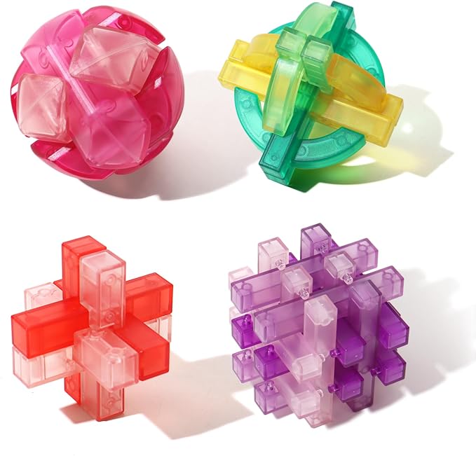 4 PCS Colorful Translucent ABS Luban Lock Set, Premium Brain Teaser Puzzles for Kids Teens Adults, Interlocking Disentanglement Mind Puzzles, Montessori STEM Educational Toys, Mini Game for Travel
