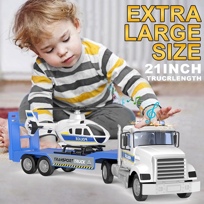 DOWELLIN Toddler Boy Toys for 3 4 5 6 Year Old, 22” Semi Truck Toy with Helicopter - Police Toys, Birthday Gifts for Kids Child 3+ Years Old