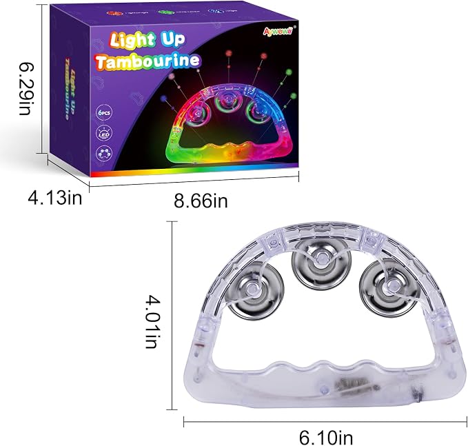 Aywewii LED Tambourines 6 Pack, Light Up Musical Toys Party Supplies | 3 Flashing Modes (Fast, Slow & Alternating), Instruments for Toddler Adult, Sensory Toys for Kids with Autism & Special Needs