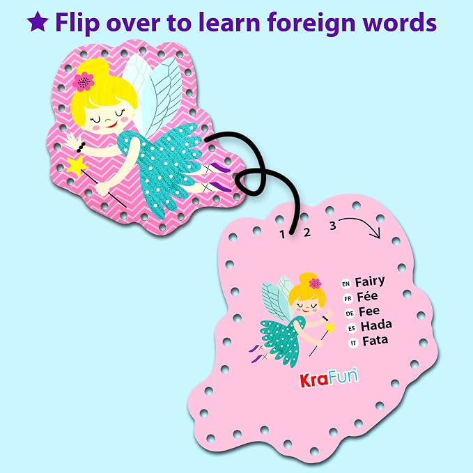 KRAFUN Princess, Unicorn & Mermaid Lacing Cards Age 3+ | 10 Projects | 10 princess, unicorn & mermaid cards. Castle, Fairy, Crown, Seahorse & Starfish. Builds fine motor skills in girls