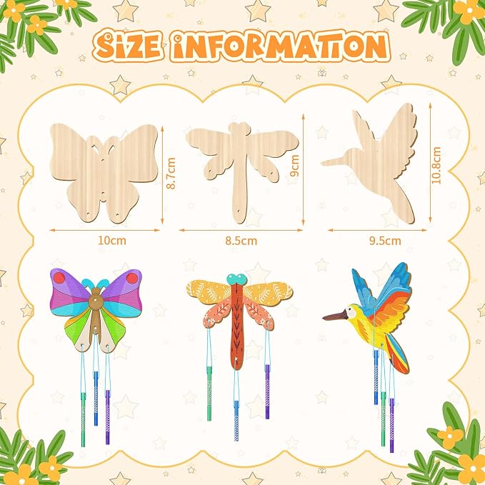 Leinuosen 30 Pcs Wind Chime Kit Make Your Own Hummingbird Crafts for Kids | DIY Hummingbird Windchimes Crafts Decorative Coloring Wooden Crafts for Spring Summer Party Art Activities Home Patio Decor