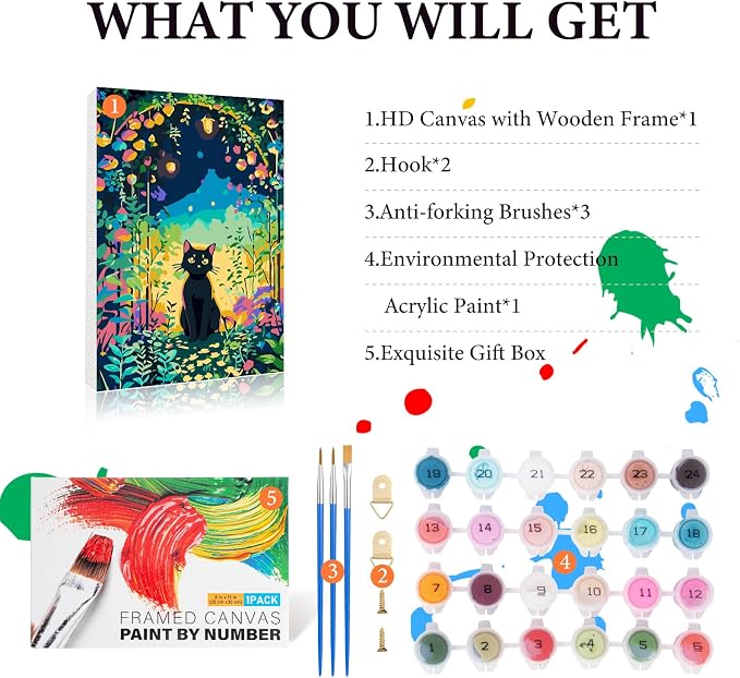 Fountor Framed Paint by Numbers Kit for Adults Beginner & Kids Ages 8-12, Black Cat Paint by Number with Frame, Easy Acrylic Cat Flowers Painting by Numbers Kit on Canvas 8x12 inch
