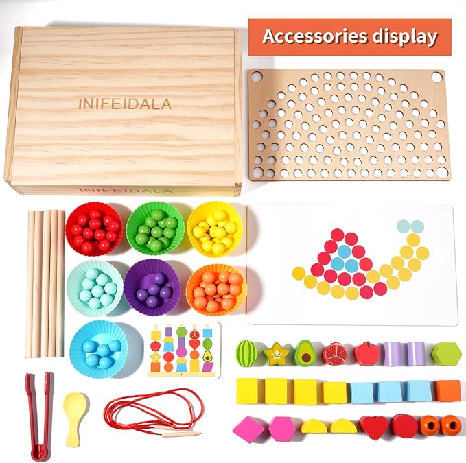 INIFEIDALA Montessori Toys for 3 4 5 Year Old,Gifts for Toddlers | Stacking Blocks, Lacing Beads & Shape Stacker, Wooden Beads Sequencing Toy Set, Fine Motor Skills & STEM Preschool Learning