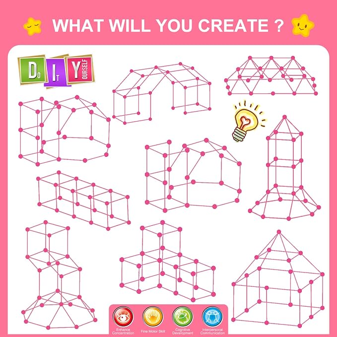 SpringFlower Fort Building Kit for Kids,STEM Construction Toys, Educational Gift for 4 5 6 7 8 9 10 11 12 Years Old Boys and Girls,Ultimate Creative Set for Indoor & Outdoors Activity,140 Pcs,Pink