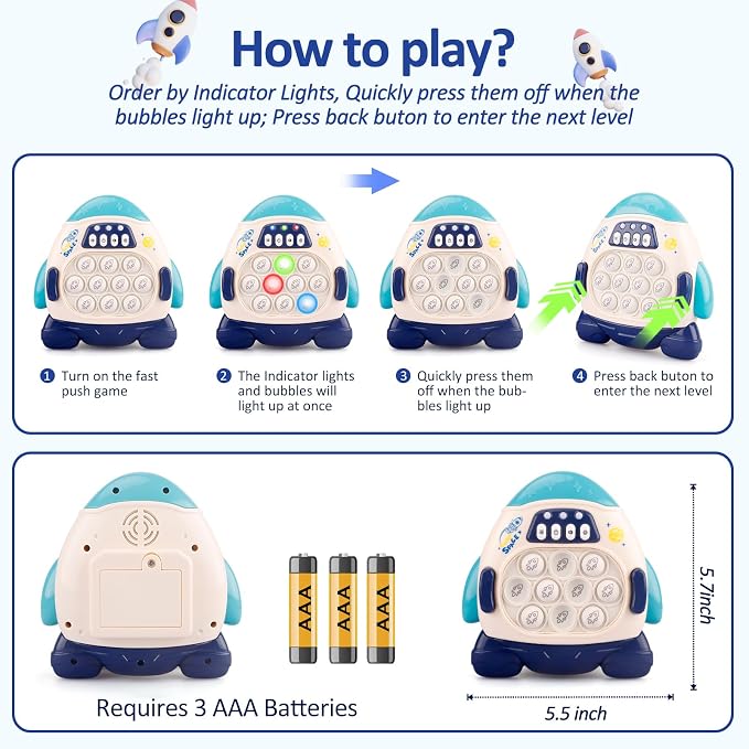 GAPER GO Fast Push Game Fidget Toys for Kids, Handheld Puzzle Game Sensory Toys, Quick Push Light Up Pop Game Gifts for 3-12 Year Old Boys Girls, Christmas Stocking Stuffers (Rocket)