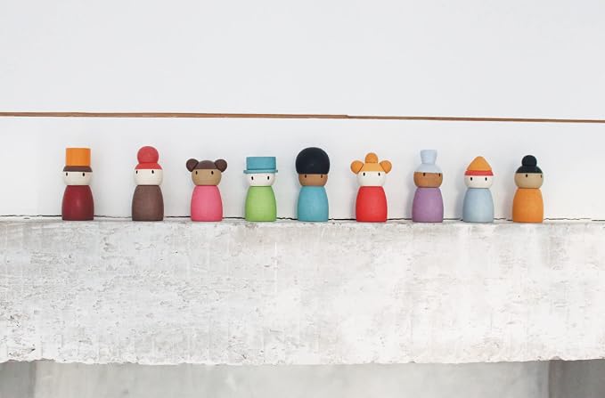 Tender Leaf Toys - Happy Folk Hotel - 9 Pcs Wooden Diversity Peg Dolls Open-Ended Toys - Montessori People Figures Play Set - Age 3+