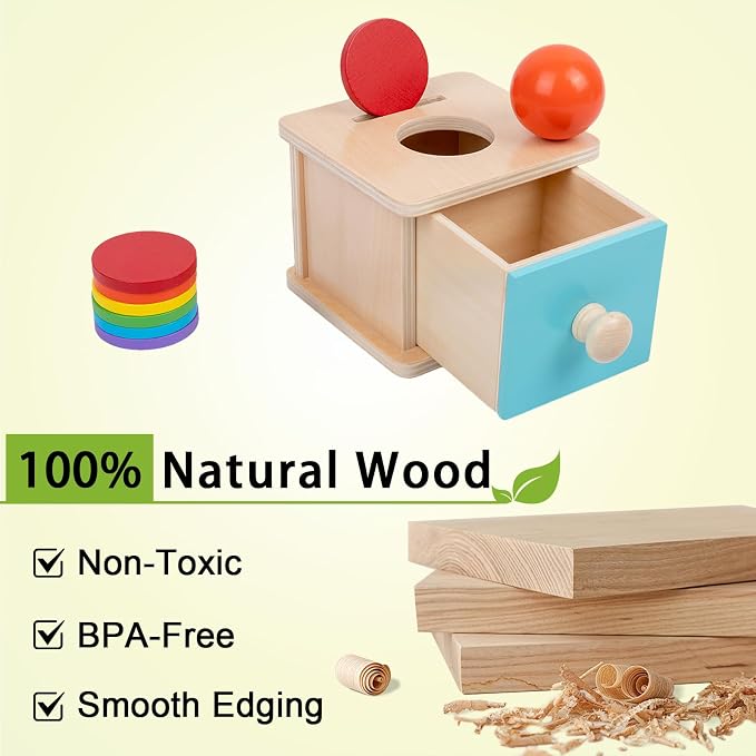 Adena Montessori Blue Wooden Coin Box 2 in 1 Object Permanence Toy 6+ Mo | Includes 6 colorful wood discs and a ball, works as color shape sorter and baby toy storage, smooth burr-free linden wood