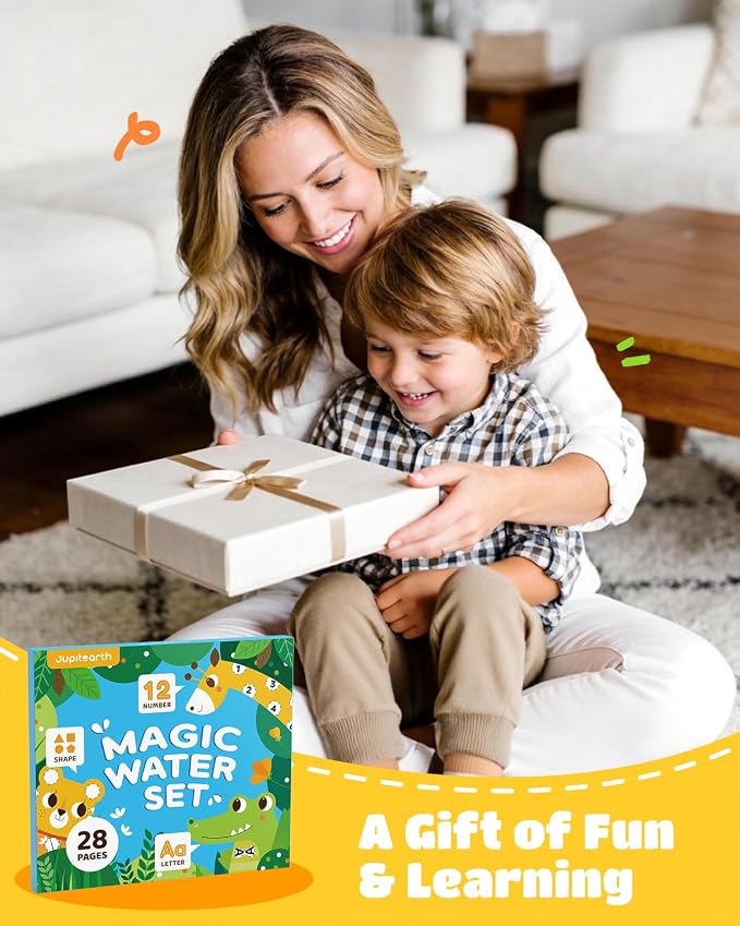 JUPITEARTH 28 Pages 3-in-1 Pack Mess Free Coloring Book Set for Toddlers | Reusable Water Painting Book with 2 Refillable Water Pens,Educational Activity Toys for Toddlers