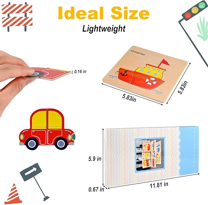 Wooden Puzzles for Toddlers 1-3, Toddler Puzzles Ages 2-4 | Montessori Toys for 1-3+ Year Old Learning Educational Preschool Toys for Boys Girls (Vehicle Theme)