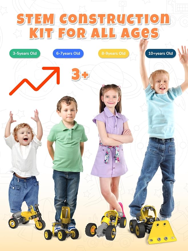 Veecafiodi 10 in 1 STEM Building Toys for Kids Ages 4-8, Educational Construction Engineering Building Kit for Boys Girls, Motorized Bulldozer Excavator Toy Set