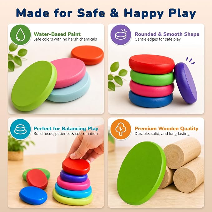 LEOGOR Extra-Large Wooden Stacking Rocks (20 PCS) – Montessori Balancing Stones for Toddlers 1-3 – Safe Sensory Open Ended Play Toys & STEM Building Blocks for Boys & Girls