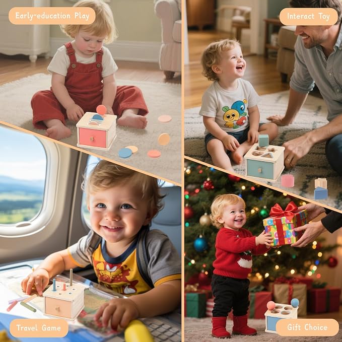 Montessori Toys for 2 3 4 5 Year Old - Wooden Object Permanence Box with Drawer Sensory Toys Shape Sorter Color Sorting Education for Baby Toddler Boy Girl Drop Busy Box (D-Coins)