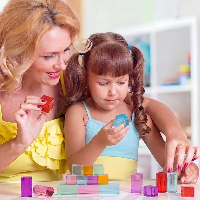 27 Pcs Acrylic Wooden Gem Blocks Sparkling Translucent Cubes Stacking Toys Wooden Cubes Blocks with Colorful Acrylic Open Ended Play Montessori Educational Toys (Square)