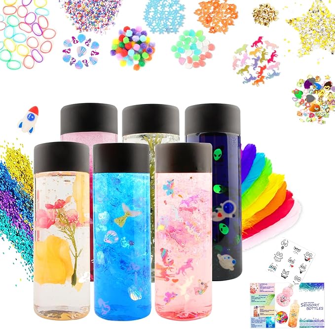 Sensory Bottles Kits for Calm Down Corner Supplies Magic Mixies Sensory Toys with Glitter, 5 Fun Shaped Containers