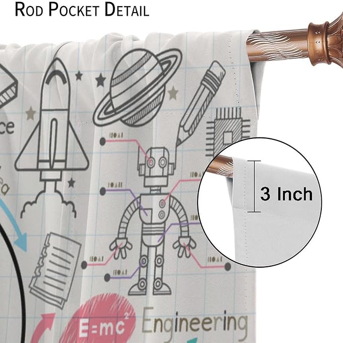 Science Symbols Kids Curtain Sketches Cartoon Chemistry Physics Geometry Education Pattern Print Window Drapes for Bedroom Living Room Kitchen Decor,2 Panel Set,42x45 Inch Blackout
