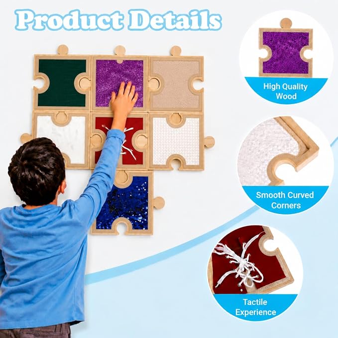 Sensory Wall Panel Set 7 Wooden Frames 13 Sensory Pads with Sequin Mat & Texture Film, Interchangeable Tactile Activity Boards for Kids, Fine Motor Skills Toys for Autism, Daycare, Special Education