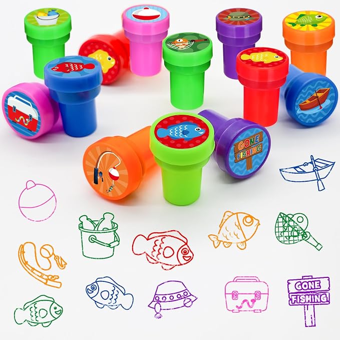 Cinrobiye 24 Pcs Gone Fishing Stampers Party Favor Set, Cute Fishing Theme Stamps for Kids Birthday Party, Classroom Rewards, Carnival Prizes, Goody Bag Fillers, Outdoor Adventure Party Supplies