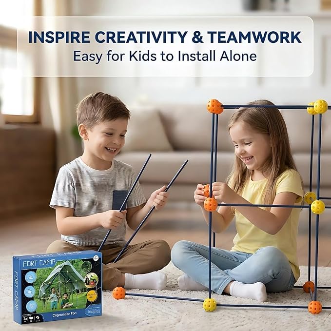 Fort Building Kit, 158 Pieces Construction STEM Toy Set, Indoor Outdoor Building Blocks with 55 Rods and 48 Balls, Kids DIY Play Fort Ages 3-12