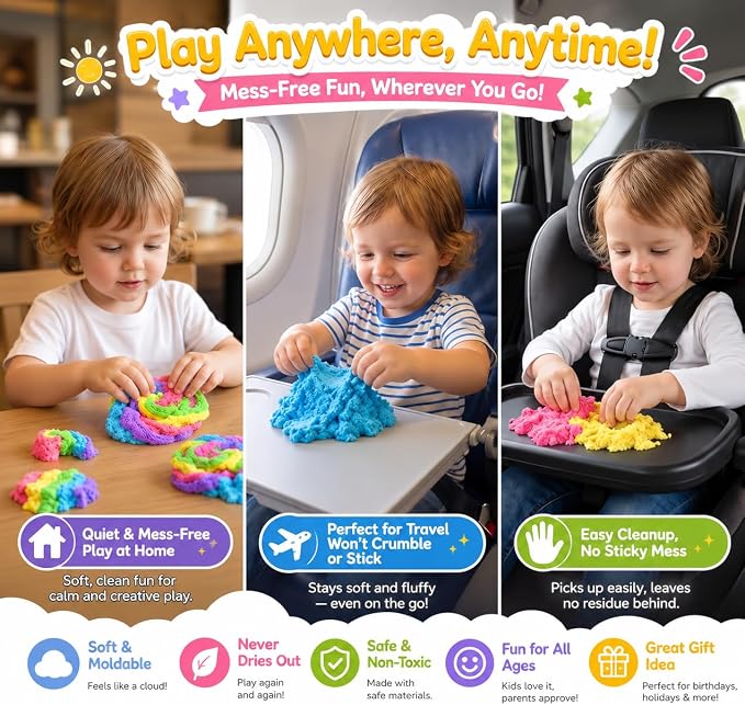 Carolart Stretchy Sensory Sand, Soft Cloud Sand, Play Sand Refill for Kids | Soft Clay Texture Moldable Sand toys for kids, Mess-free sensory play set with 5 colors, sensory bin filler for kids ages 3+