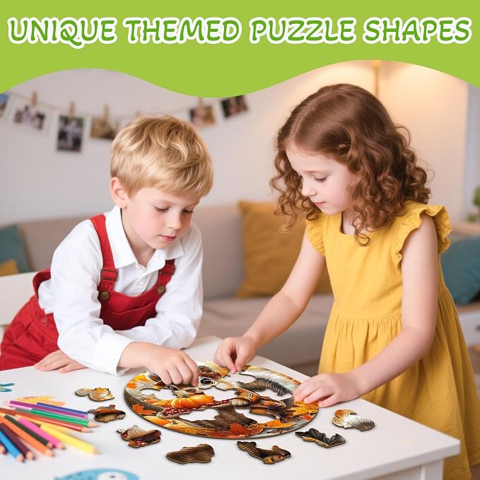 Fall Wooden Puzzles for Kids - Squirrel Harvest | 50 Piece Puzzles for Kids Ages 4-6 - Kids Puzzle with Unique Animal Shapes - Round Puzzles for Boys and Girls (11.4 * 11.4in)