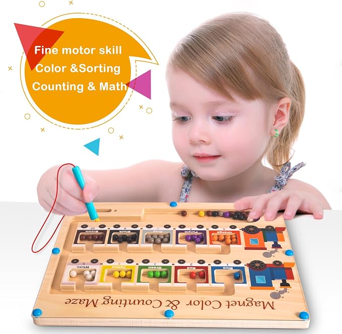Poycuna Magnetic Color and Number Maze Board Wooden Montessori Fine Motor Skills Toys for 3 4 Year Old Preschool Learning Activities Classroom Must Haves Sorting Travel Toys for Toddlers Boys Girls