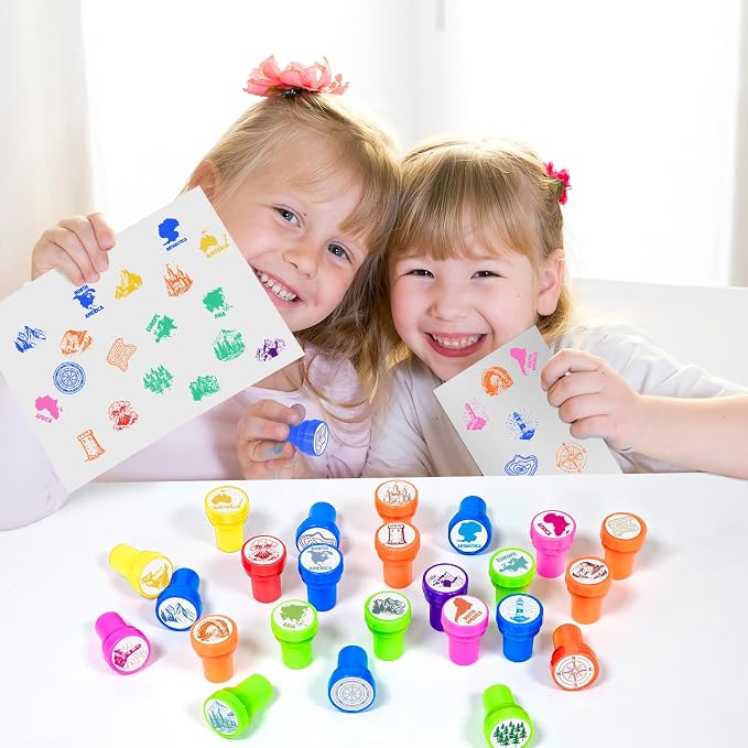 Cinrobiye 24 Pcs Geography Adventure Stampers Party Favor Set, Cute World Map Stamps for Kids Birthday Party, Classroom Rewards, Educational Learning Toys, Goody Bag Fillers, Themed Party Supplies