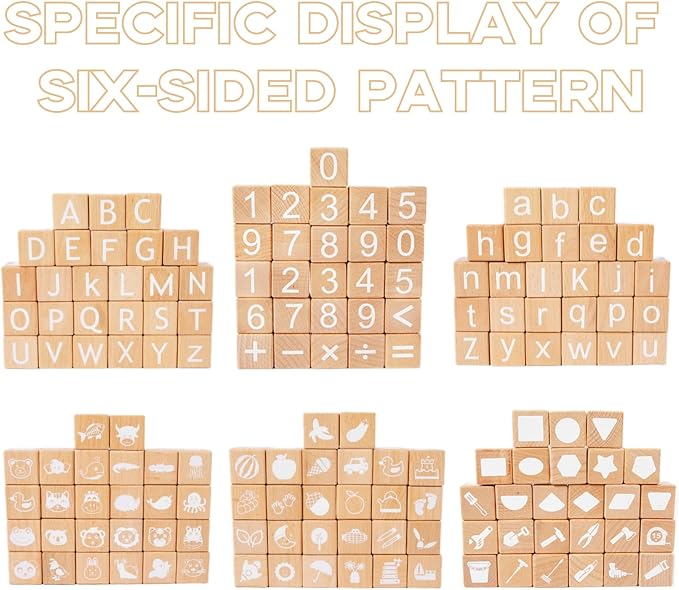 Peohud 26 PCS Wooden Alphabet Blocks, Cute ABC Building Blocks for Kids, Number Stacking Blocks, Preschool Educational Learning Toys with Shapes Objects on Every Side for Boys Girls