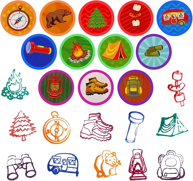 Cinrobiye 24 Pcs Camper Stampers Party Favor Set, Cute Camping Adventure Stamps for Kids Birthday Party, Classroom Rewards, Goody Bag Fillers, Outdoor Camping Themed Party Supplies