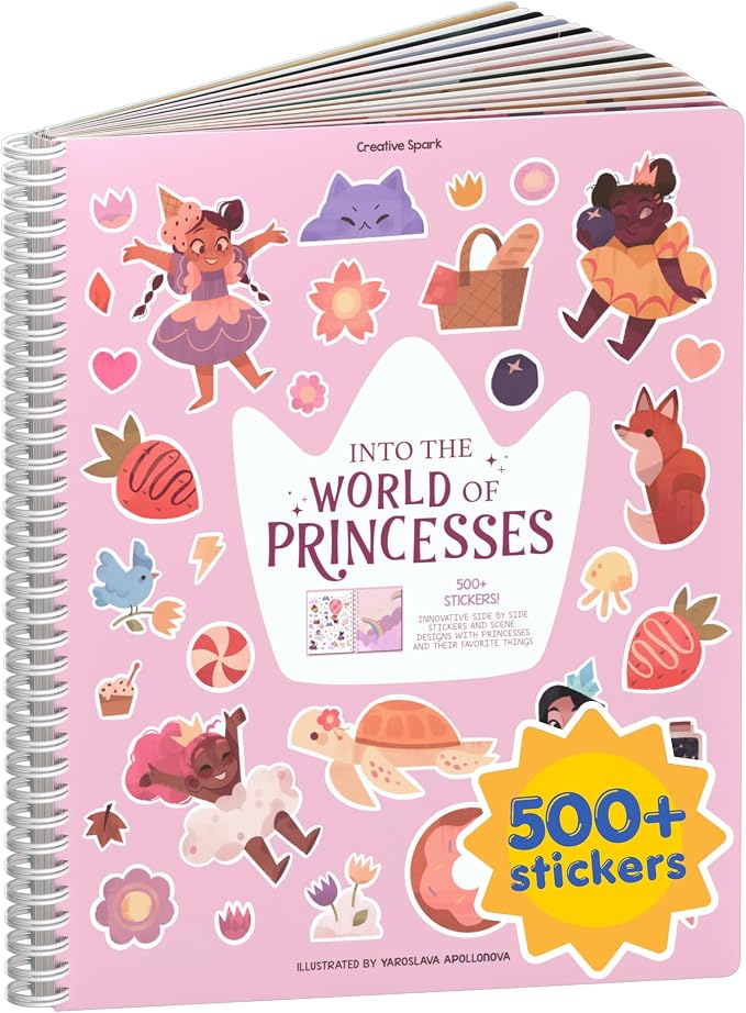 Cupkin World of Princesses Coloring & Sticker Activity Book | 500+ Stickers | Spiral-bound kids craft format with 12 scenes, 12 art pages, side-by-side viewing, and an easy-peel design for ages 2–8