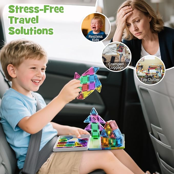 Magnetic Tiles Travel Set Toddlers: 42PCS Mini Building Blocks for Planes | Iron Case Flips to Play Base, 1:1 STEM Visual Guide Teaches Cleanup, Candy Colors Quiet Car Ride Activities for Kids Ages 3-5