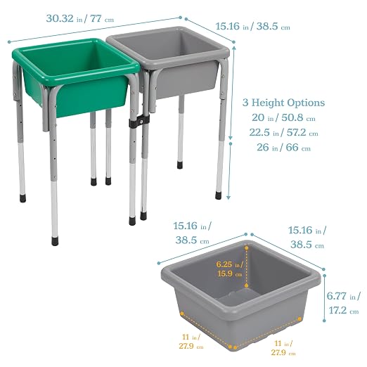 ECR4Kids 2-Station Sand and Water Adjustable Play Table, Sensory Bins, Grey/Emerald | Durable plastic/steel, GREENGUARD Gold Certified, 3-5 years, 80 lb capacity, adjustable legs, easy-lift lids, indoor/outdoor