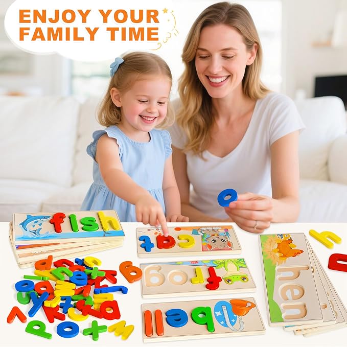 Learning Toys for 3 Year Old, Alphabet Puzzle Spelling Games Preschool | Wooden Alphabet Puzzle with 52 Letter Blocks, CVC Word Matching, Montessori Learning for Preschool Kids Ages 3-5