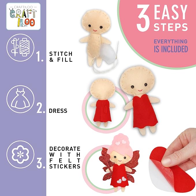 Fairy Sewing Kit for Kids Ages 5-12 - Beginner Kit, 5 Pre-Cut Felt Dolls