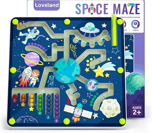 LOVELAND Magnetic Color and Number Maze - Wooden Montessori Toys for 2-3 Year Old, Space Theme Fine Motor Sorting Board, Travel Learning Activities, Toddler Quiet Puzzle Gift