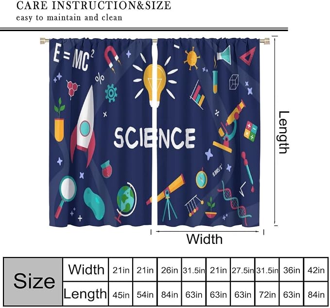 Science Symbols Kids Curtain Sketches Cartoon Chemistry Physics Geometry Education Pattern Print Window Drapes for Bedroom Living Room Kitchen Decor,2 Panel Set,63x72 Inch Blackout