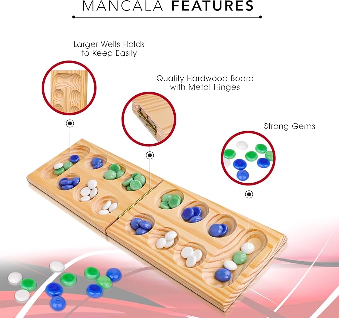 Hi Q Mancala Board Game, 2 Player Classic Strategy Table Games for Kids & Adults - Wooden Folding Board, 48 Marbles - Ages 6+