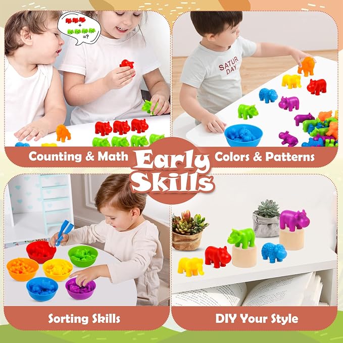GKDOMS Counting Animals Toy Matching Game with Sorting Bowls Preschool Learning Activities Montessori Sensory Toy for Math Color Sorting, Party Favors Birthday Gifts for Toddlers