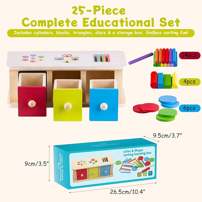 Montessori Toys Wooden Color & Shape Sorter Toys for Toddlers 1-3，Color Matching Toys，Educational Fine Motor Skills Toys, Preschool Learning Educational Toy for 1 2 3 Year Old Boy Girl Kid Gifts