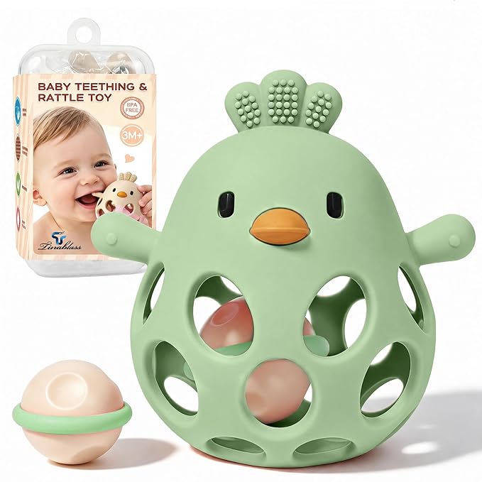 Tinabless 2-in-1 Baby Teether Rattle Toy, Easy Grip Silicone Teething Toy for Babies 3-12 Months, BPA-Free Sensory Chew Toy for Sore Gums, Infant Shower Gift (Green w/Rattle)