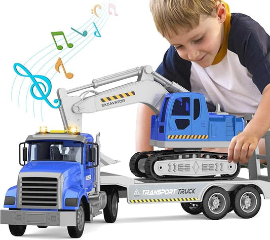 DOWELLIN Transports Trucks Kids Toys, 22" Large Semi Truck Toy Carrier and Excavator Truck with Sound&Light,Friction Powered Cars Toys Vehicle Birthday for Boys Girls 3 4 5 6 7 8+
