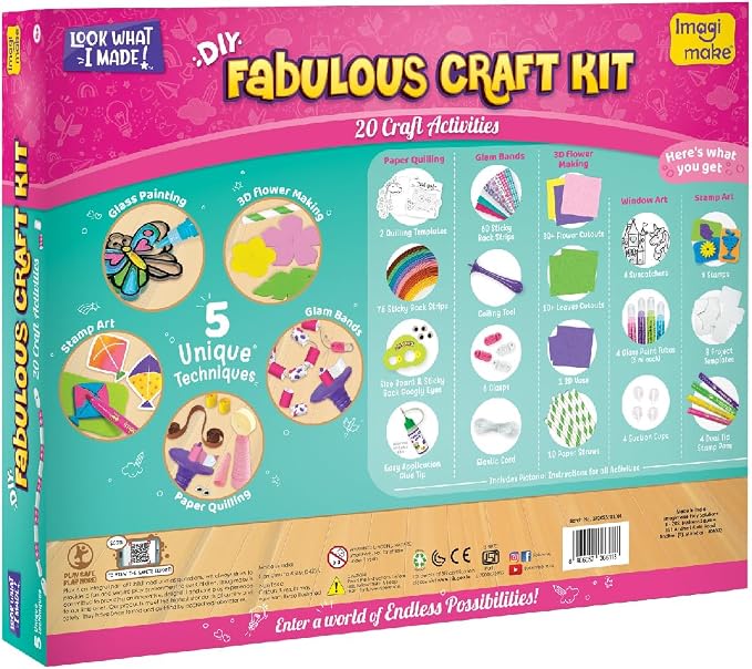 Imagimake Fabulous Craft Kit, 20 Mess-Free Creative Activities for Girls | Learn 5 Unique Art Techniques, Make Bracelets, Suncatchers & More, Birthday Gift for Girls Ages 5,6,7,8,9,10,11,12 Years Old