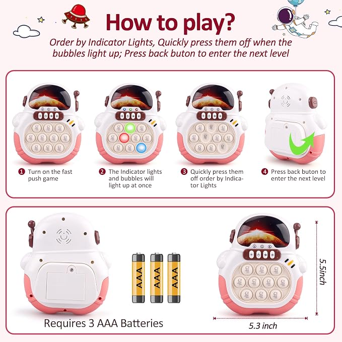 Blackma Fast Push Fidget Toy - Handheld Light Up Sensory Puzzle Game for Kids, Birthday & Easter Gift for Boys Girls Ages 3-12 (Pink-Astronaut)