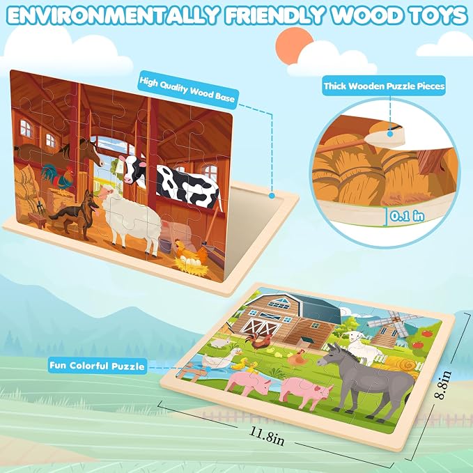 4-Pack Wooden Puzzles for Kids Ages 3-5, 24-Piece Farm Animal Set | Toddler Puzzles Ages 3-5, Preschool Puzzles with Wooden Jigsaw Boards for Fine Motor Skills, Shape Recognition and Travel